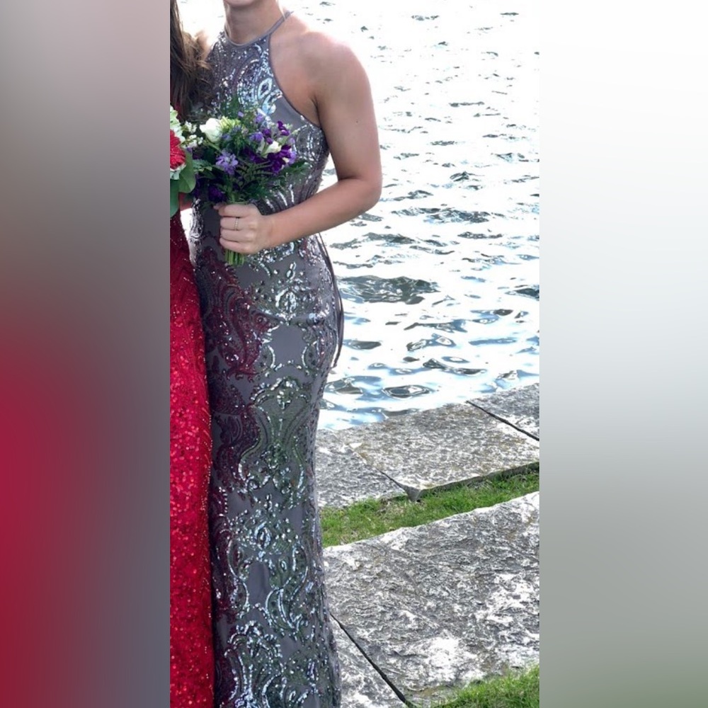 Camille La Vie Smokey brown/gray beaded prom dress